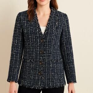 Ann Taylor Petite Size 4P Tweed Metallic Blazer Jacket Fringe Trim Heavyweight